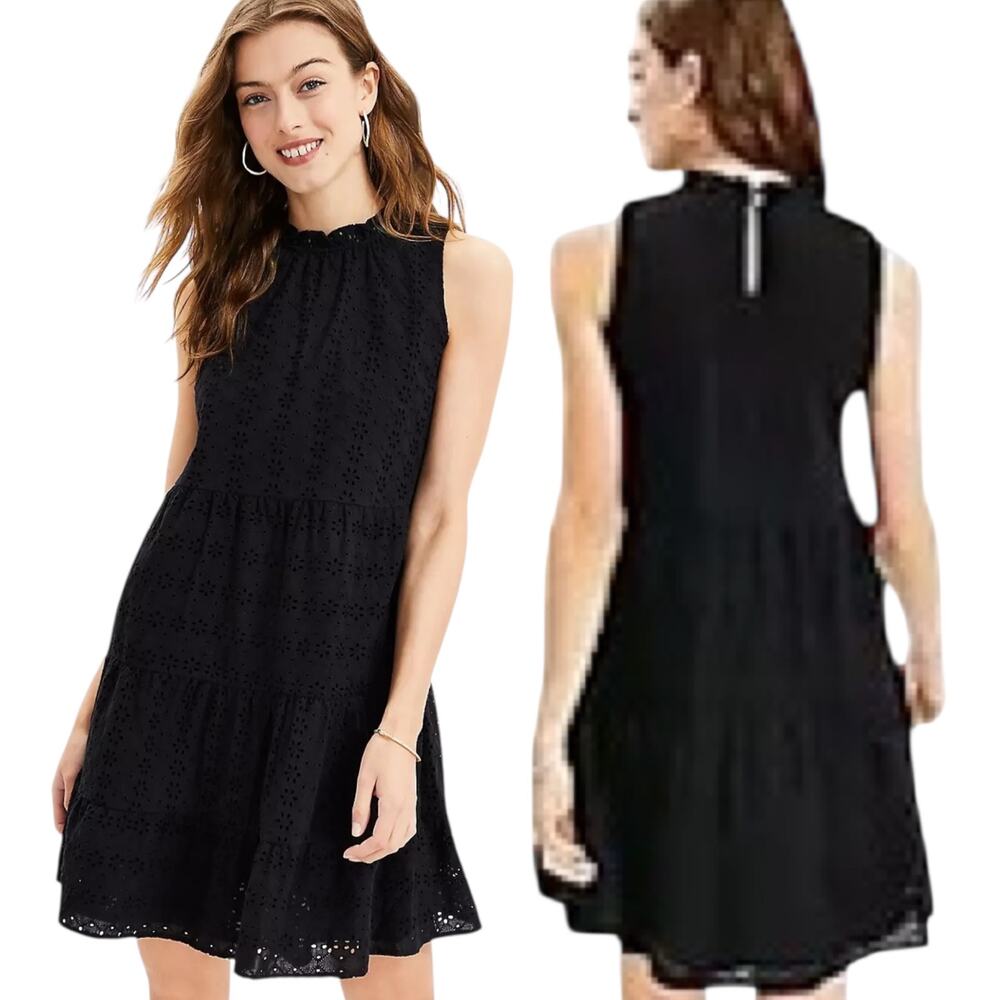 Ann Taylor Eyelet Tiered Swing Sleeveless Dress Black XSP
